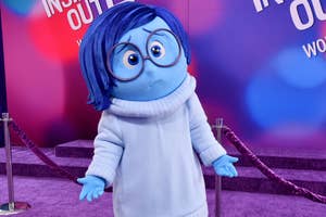 Sadness, a blue character from Disney Pixar's Inside Out 2, poses at the movie's world premiere