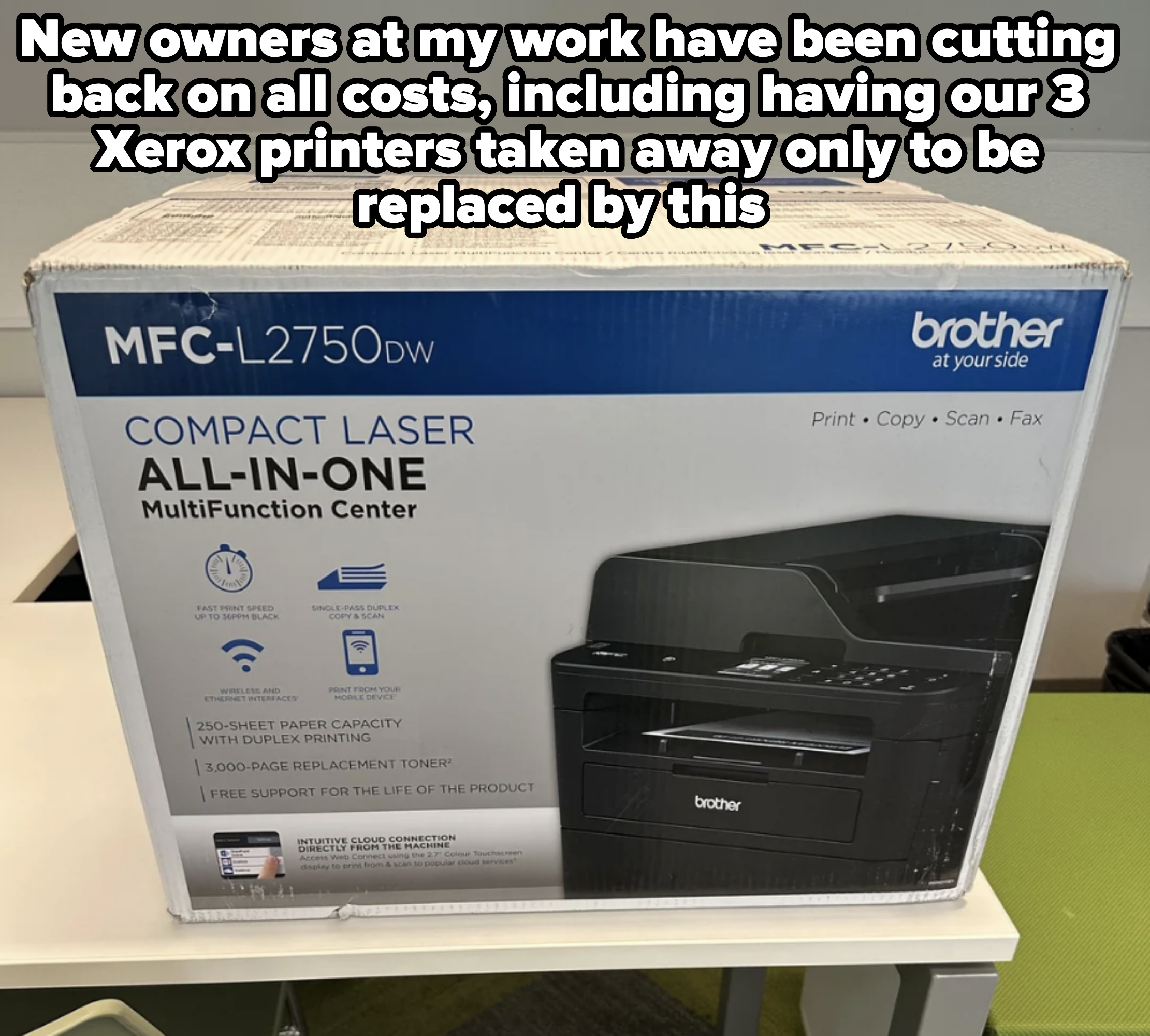 Brother MFC-L2750DW Compact Laser All-in-One Multifunction Center box showing its printing, copying, scanning, and faxing features