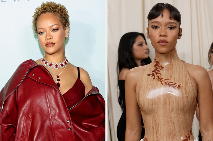 Rihanna in a red jacket with a jeweled necklace and Amandla Stenberg in a unique wood-patterned dress at a formal event