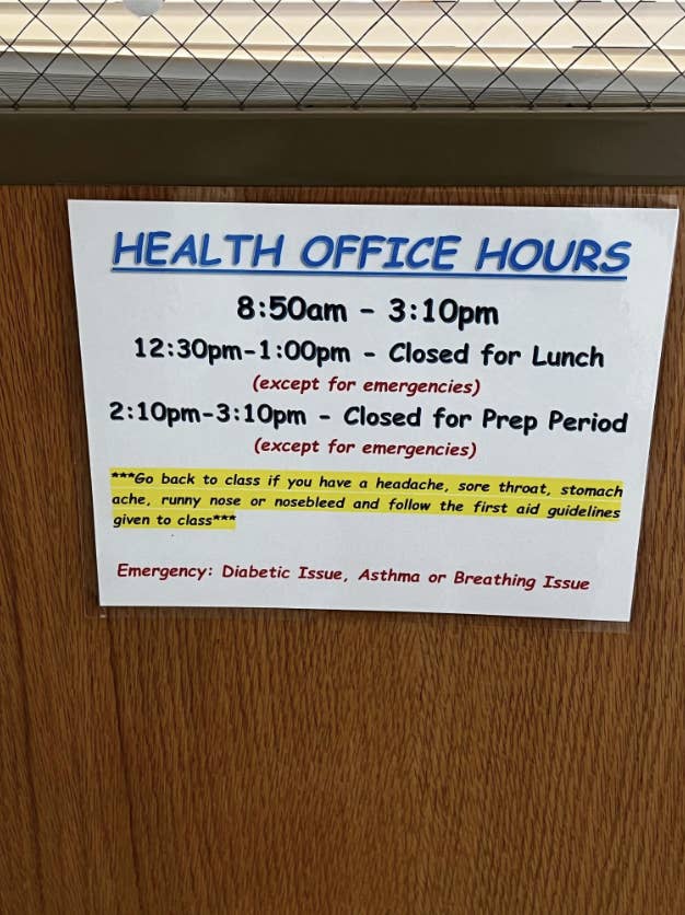 Sign on a door titled "Health Office Hours" with detailed timings and instructions for emergencies and minor health issues such as headaches or sore throats. Emergency exceptions listed: Diabetic Issue, Asthma, or Breathing Issue