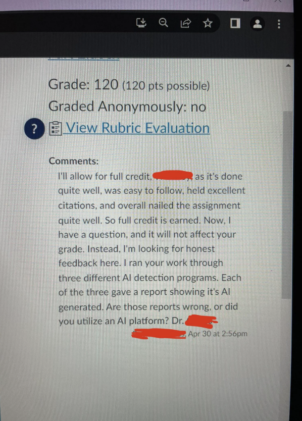 A graded assignment displaying a score of 120 out of 120 with comments from a professor asking if text detection reports are generated by an AI platform