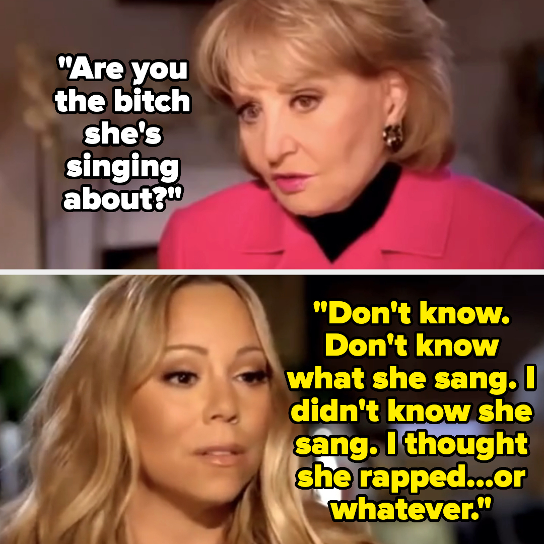 Barbara Walters asks, "Are you the bitch she's singing about?" Mariah Carey responds, "Don't know. Don't know what she sang," in a two-panel image