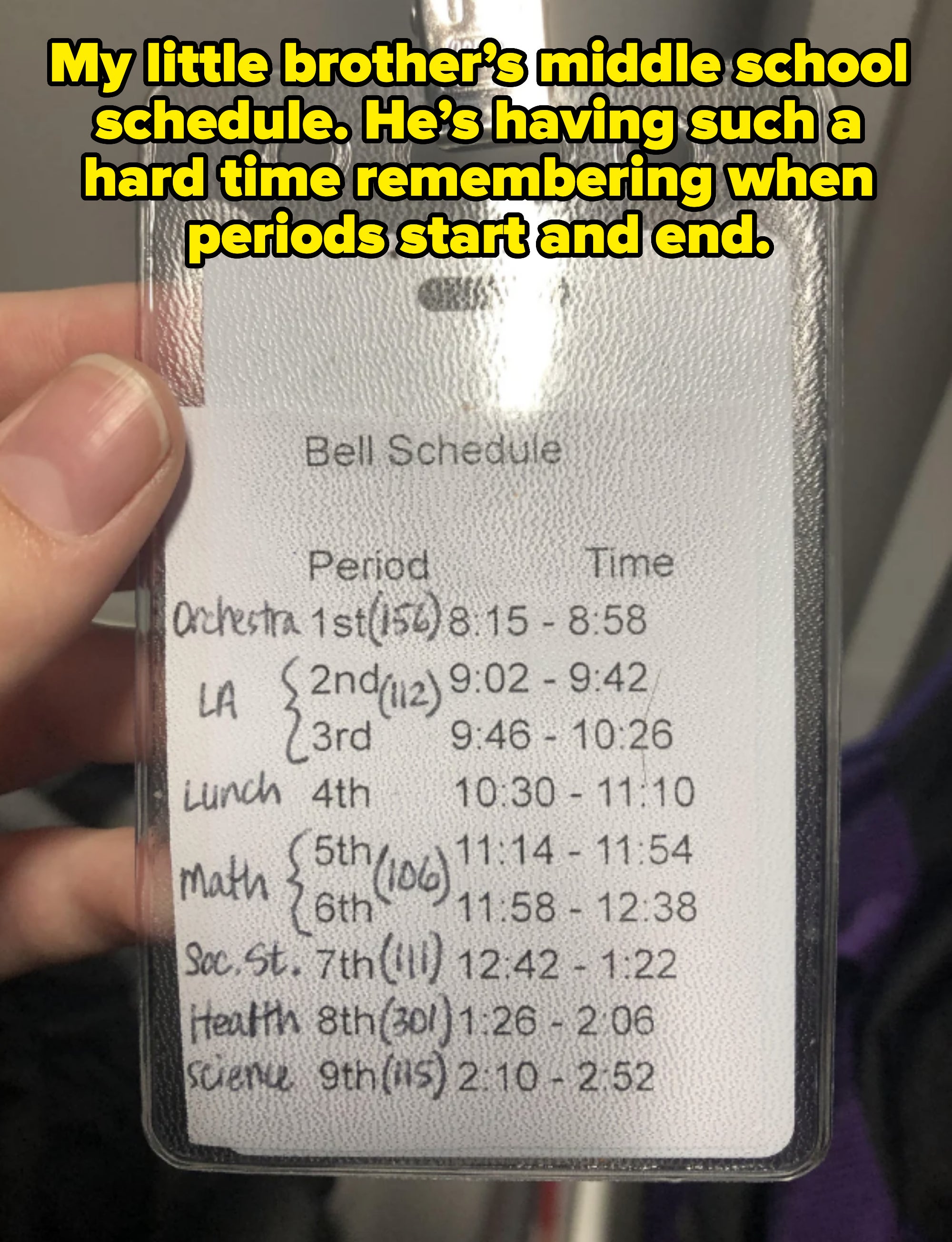 A hand holds a school ID card displaying a bell schedule. Periods include Orchestra, Language Arts, Lunch, Math, Social Studies, Health, and Science, with respective times