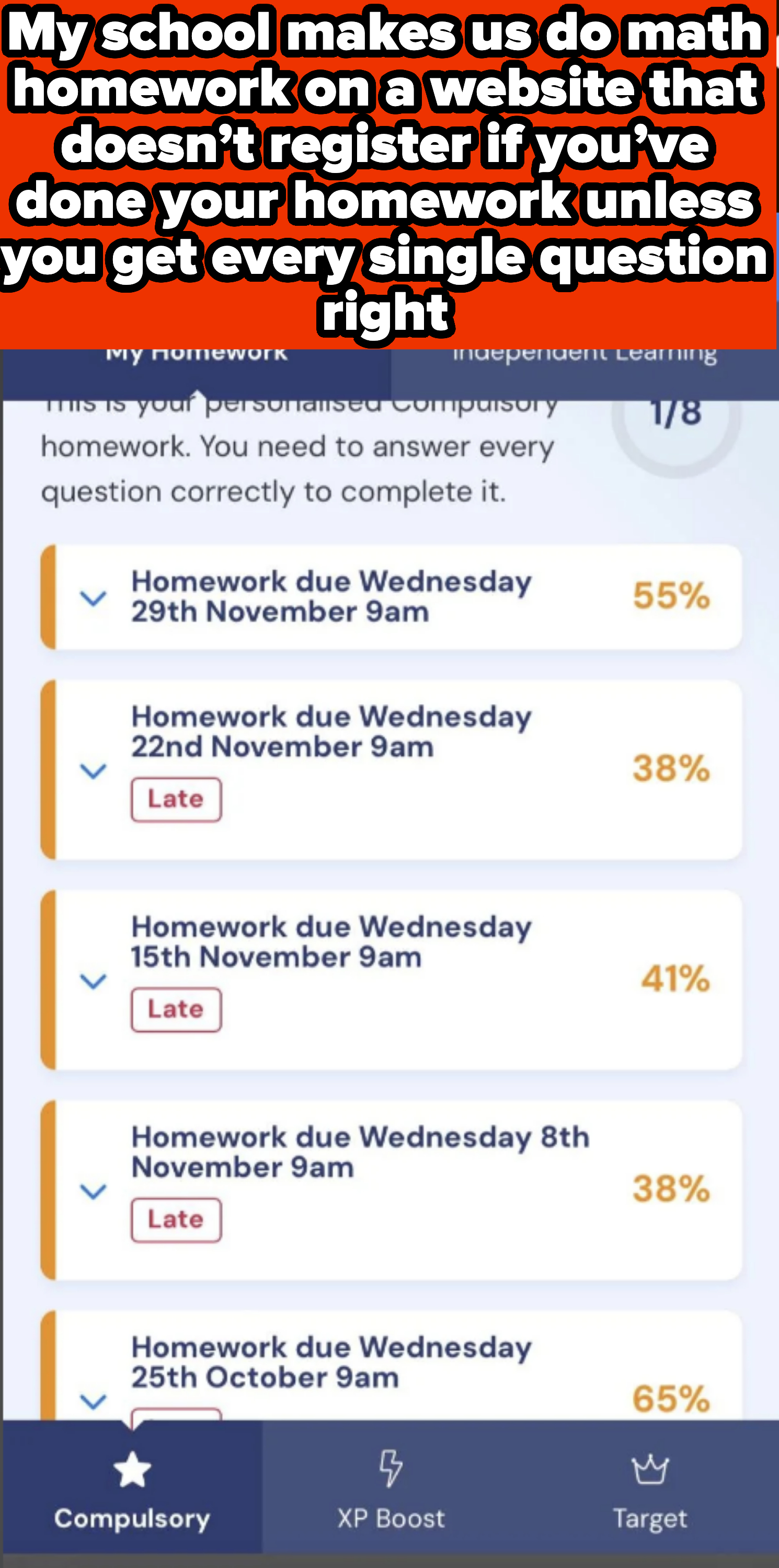 Sparx Maths app shows overdue homework assignments with late completion percentages: 55%, 38%, 41%, and 38%