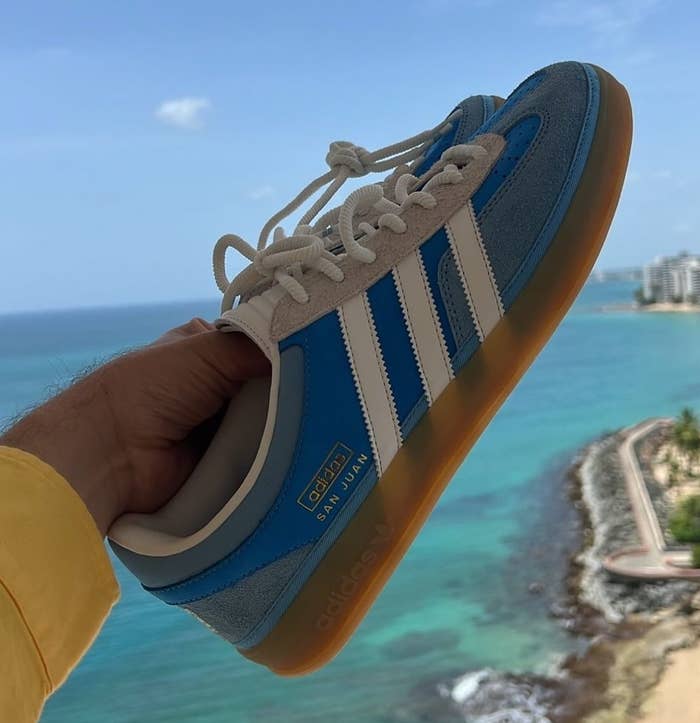 A person&#x27;s hand holds up a blue Adidas sneaker with white stripes and a golden sole, against a coastal ocean view