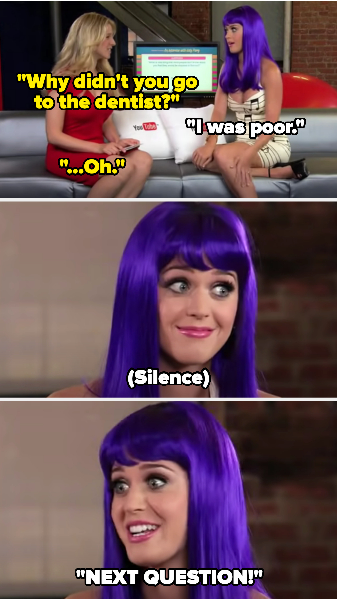 Frame 1: Interviewer asks, "Why didn't you go to the dentist?" Interviewee responds, "I was poor."
Frame 2: Interviewer says, "…Oh."
Frame 3: Interviewee sits silently.
Frame 4: Interviewee says, "NEXT QUESTION!"