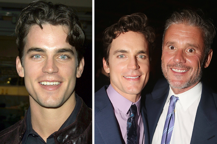 Matt Bomer on the left and Matt Bomer with Simon Halls on the right. Matt Bomer is wearing a black shirt and Simon Halls is in a suit and tie