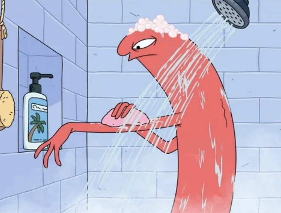 Cartoon character Red Guy from the show &quot;Cow and Chicken&quot; taking a shower while using a pink sponge and body wash