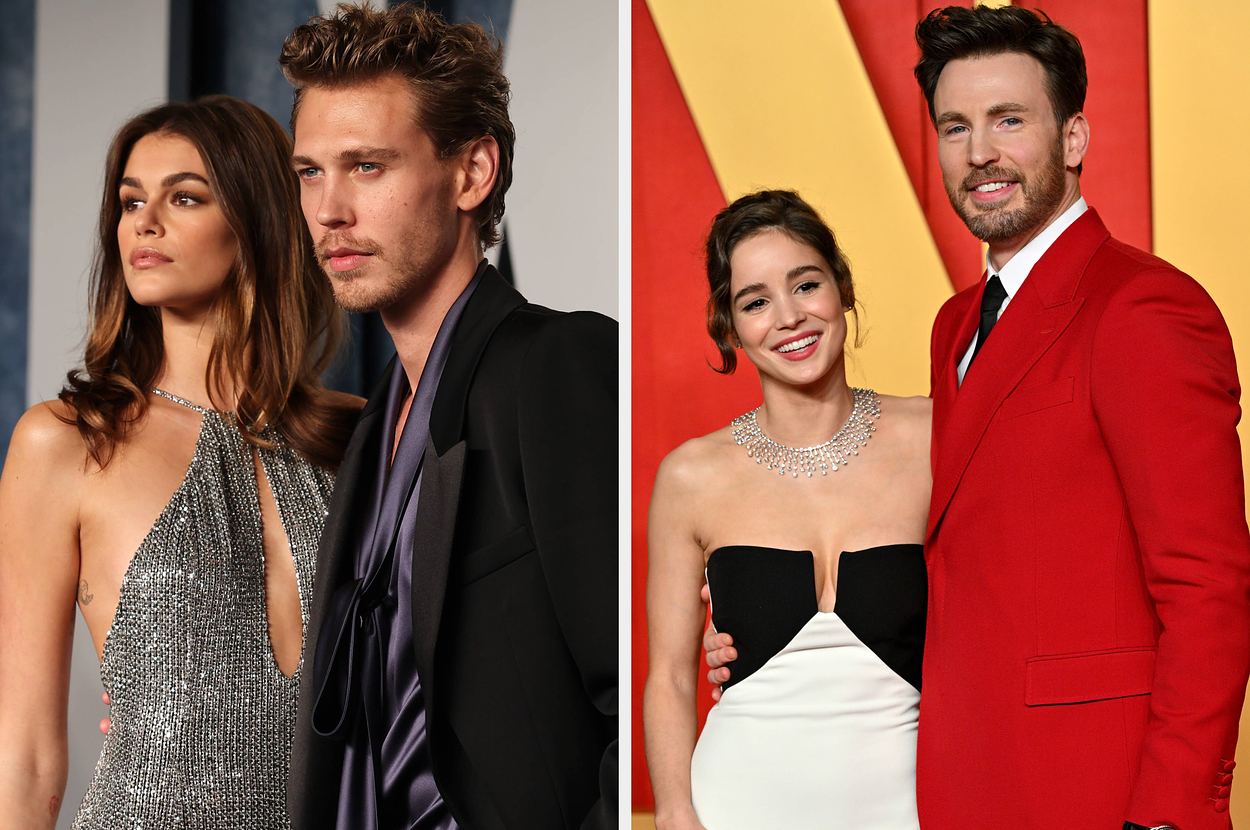 Kaia Gerber in a sparkling dress and Austin Butler in a dark suit; Alba Baptista in a strapless gown and Chris Evans in a red suit