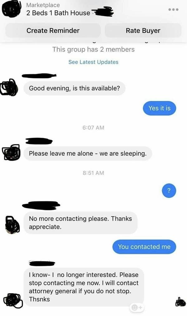 Facebook Marketplace chat. Buyer inquires about a listing, gets a response, but unexpectedly asks to stop contacting them, threatening legal action if messages continue