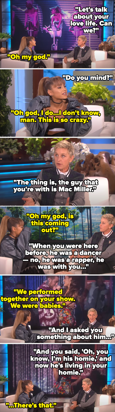 Ariana Grande and Ellen DeGeneres discuss Ariana's relationship with Mac Miller during an interview on the Ellen Show
