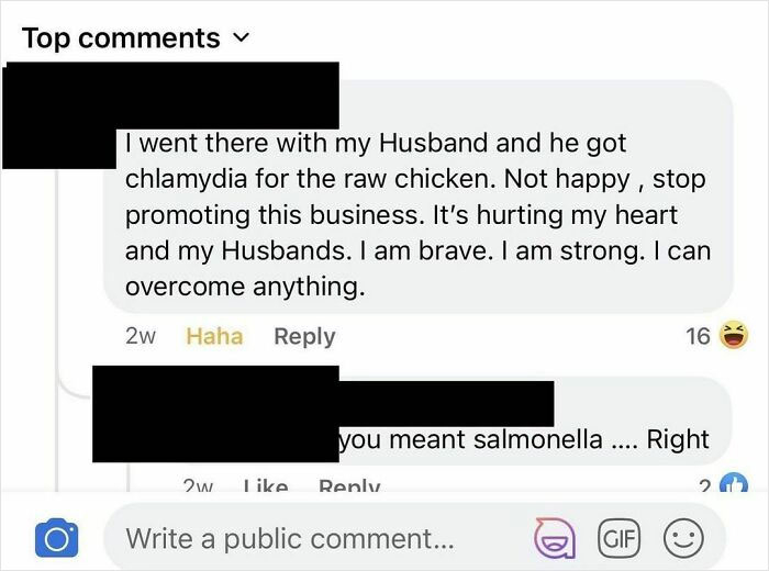 Summary of text in image: A person commented their husband got chlamydia from raw chicken, expressing distress. Another comment suggests "chlamydia" was meant to be "salmonella."