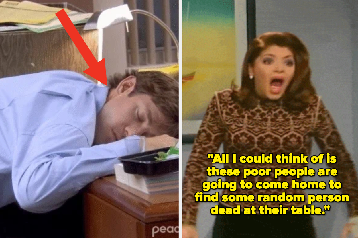 Jim Halpert asleep at work desk with red arrow pointing to him. Gina Linetti animatedly saying, "All I could think of is these poor people are going to come home to find some random person dead at their table."