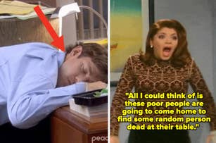Jim Halpert asleep at work desk with red arrow pointing to him. Gina Linetti animatedly saying, "All I could think of is these poor people are going to come home to find some random person dead at their table."