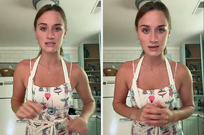 A woman wearing a floral apron is shown in her kitchen, speaking directly to the camera in two side-by-side images