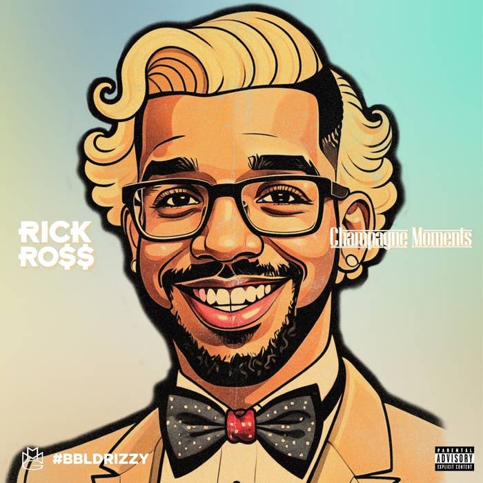 Cartoon of Rick Ross wearing glasses, a bow tie, and smiling. The image promotes his work &quot;Champagne Moments.&quot; Hashtag #BBLDRIZZY is at the bottom
