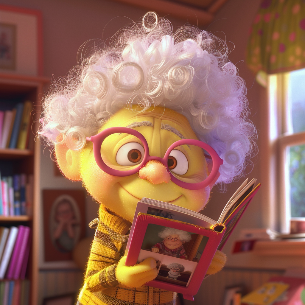 Animated character, Bernie Kropp, from "The Incredibles," wearing glasses and holding a book, smiling in a cozy, book-filled room
