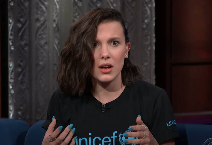 Millie Bobby Brown looks confused during an interview