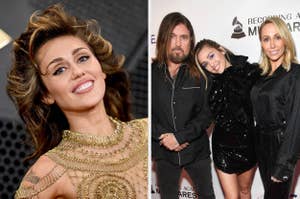 左图：麦莉·赛勒斯（Miley Cyrus）身穿精致礼服。右图：比利·雷·塞勒斯、麦莉·塞勒斯和蒂什·塞勒斯在红地毯上穿着黑色套装