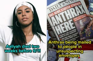 Aaliyah died two weeks before 9/11. Anthrax was mailed to people in unsuspecting envelopes, as highlighted in a newspaper headline