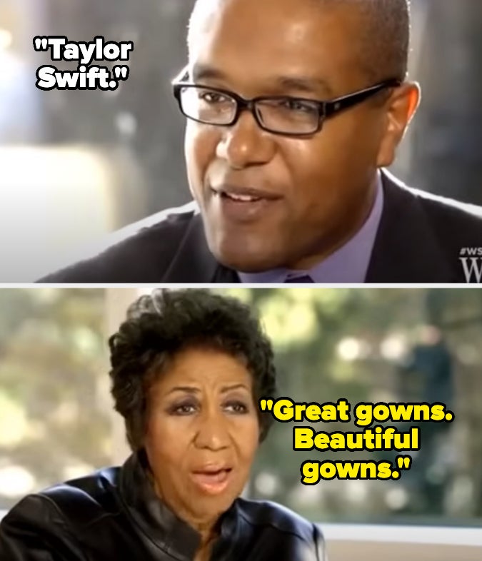Top panel: Randall Pinkston saying "Taylor Swift." Middle panel: Aretha Franklin saying "Great gowns. Beautiful gowns." Bottom panel: Andy Cohen laughing