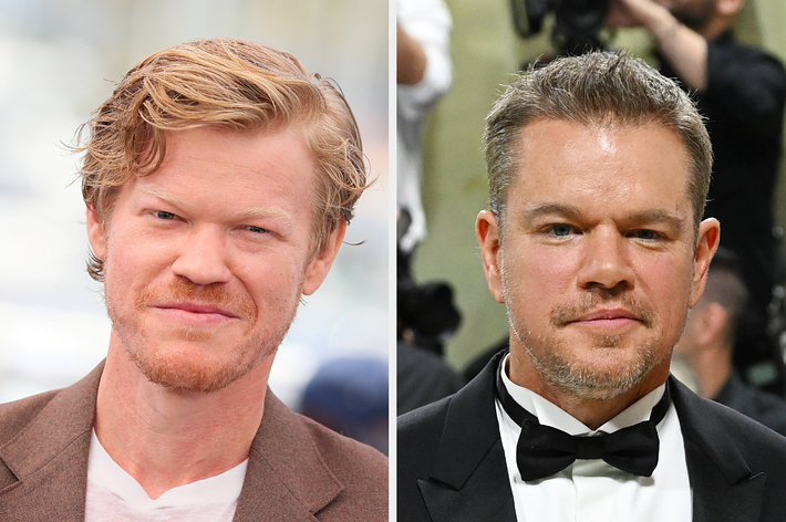 Jesse Plemons on the left in a casual brown jacket and white shirt; Matt Damon on the right in a formal black tuxedo with a bow tie