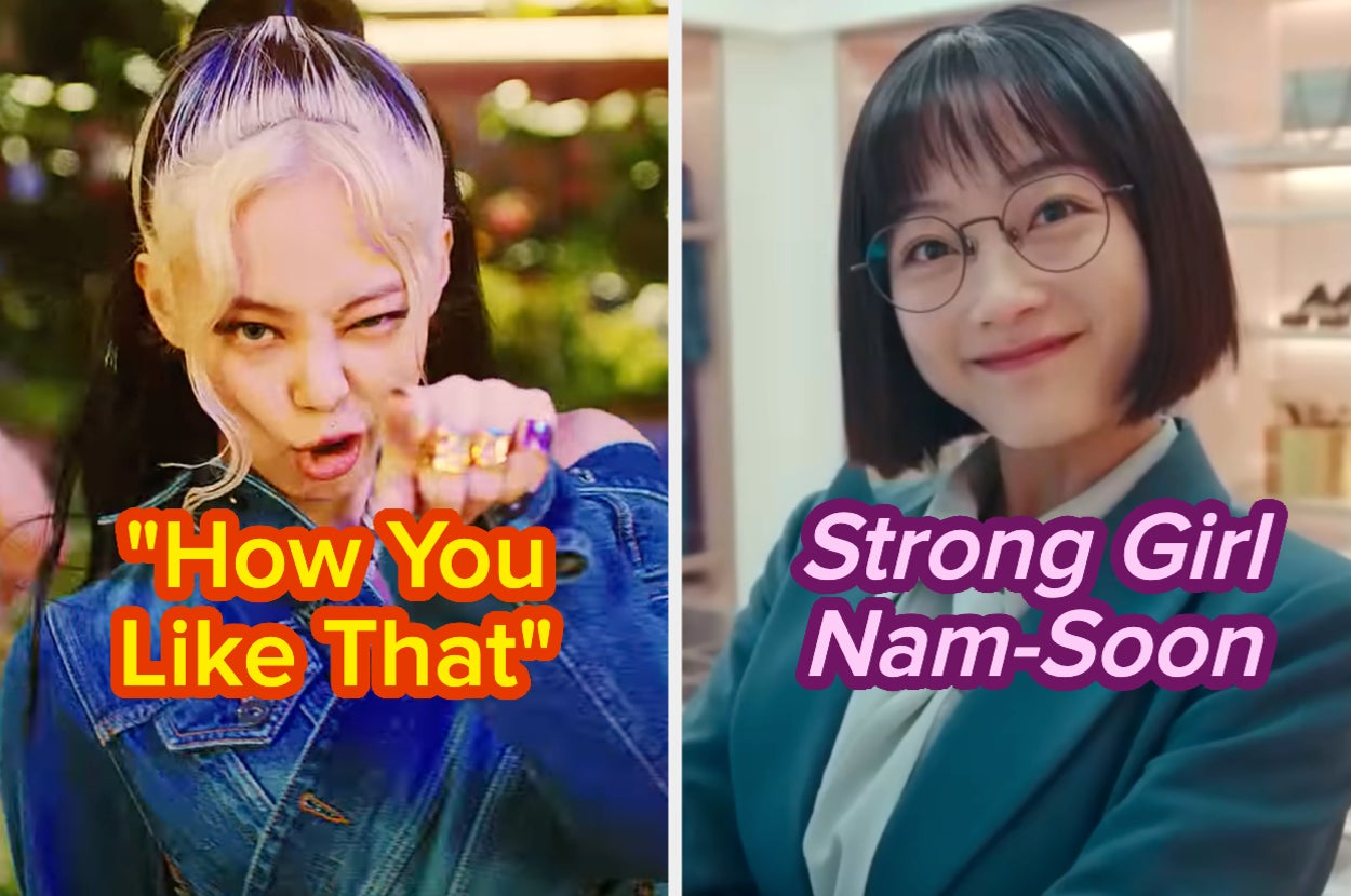 Jennie from BLACKPINK facing forward with a playful expression and pointing, next to a character from "Strong Girl Nam-Soon" smiling at the camera