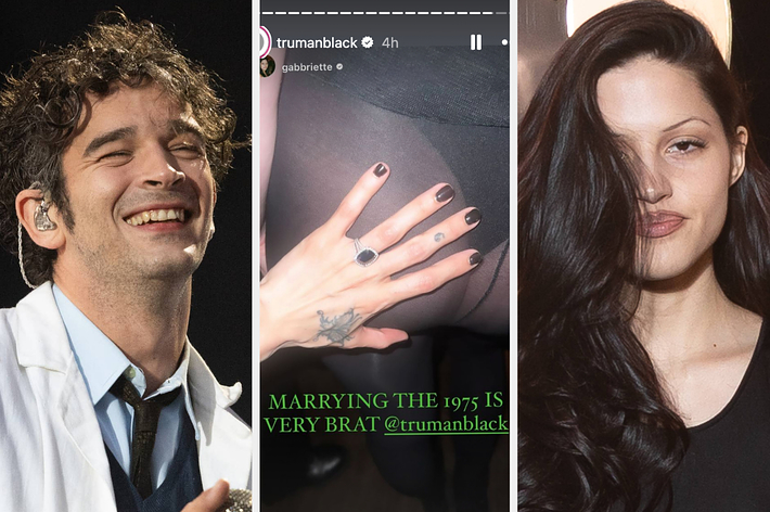 Matty Healy smiling on stage, woman with hand on man's torso showing engagement ring and tattoo, and Gabriette Bechtel posing with a neutral expression