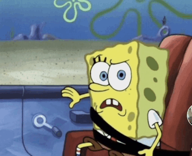 SpongeBob SquarePants, animated character, looks surprised and distressed while seated and buckled up in a vehicle, with an underwater background visible through the window