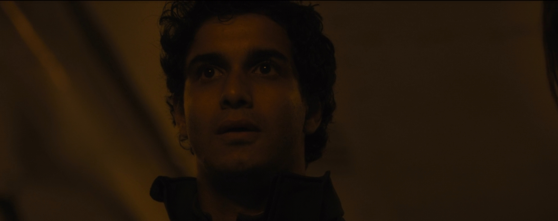 The doctor looks upward with a serious expression and exits the aircraft.