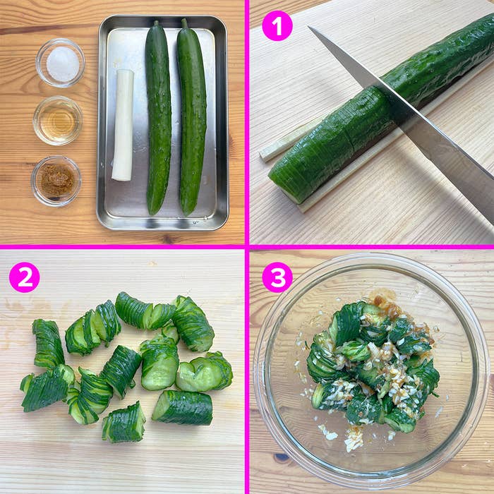 調理手順の写真。1.きゅうりを切る。2.切ったきゅうり。3.調味料ときゅうりが混ざったボウル。