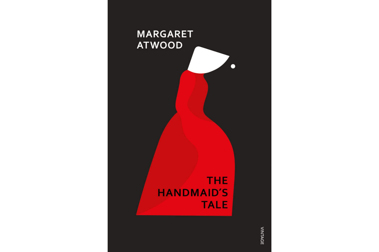 Cover of Margaret Atwood's book &quot;The Handmaid's Tale&quot; with a stylized figure of a woman in a white bonnet and red cloak