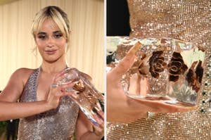 Camila Cabello in an elegant, shimmering dress, holding a sculpted ice block with intricate flower designs, shown close-up in the second image
