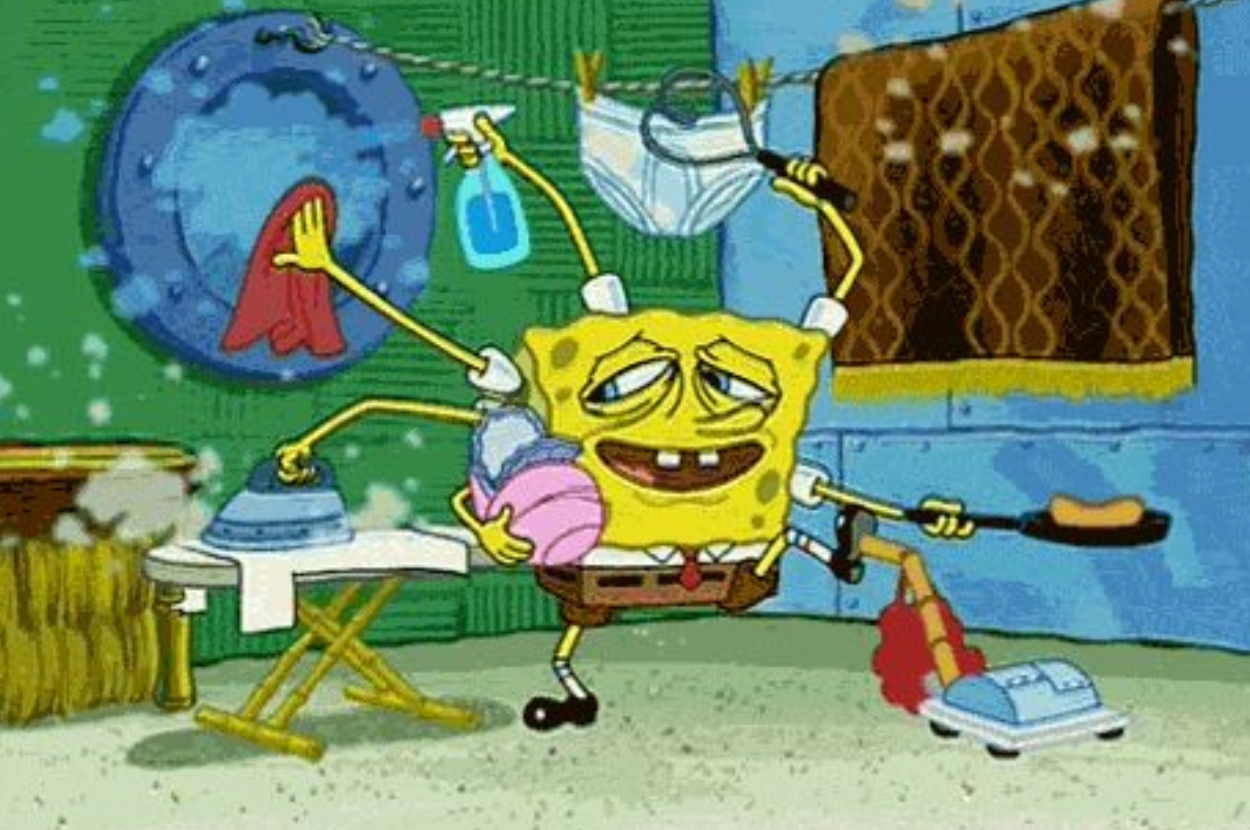 SpongeBob SquarePants multitasks at home, doing laundry, vacuuming, ironing, washing dishes, and cooking, looking tired and overwhelmed