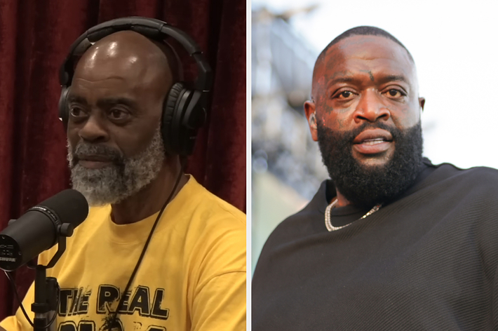 Rick Ross and "Freeway" Rick Ross. Left: Wearing headphones and a yellow shirt. Right: Wearing a black shirt and a chain necklace