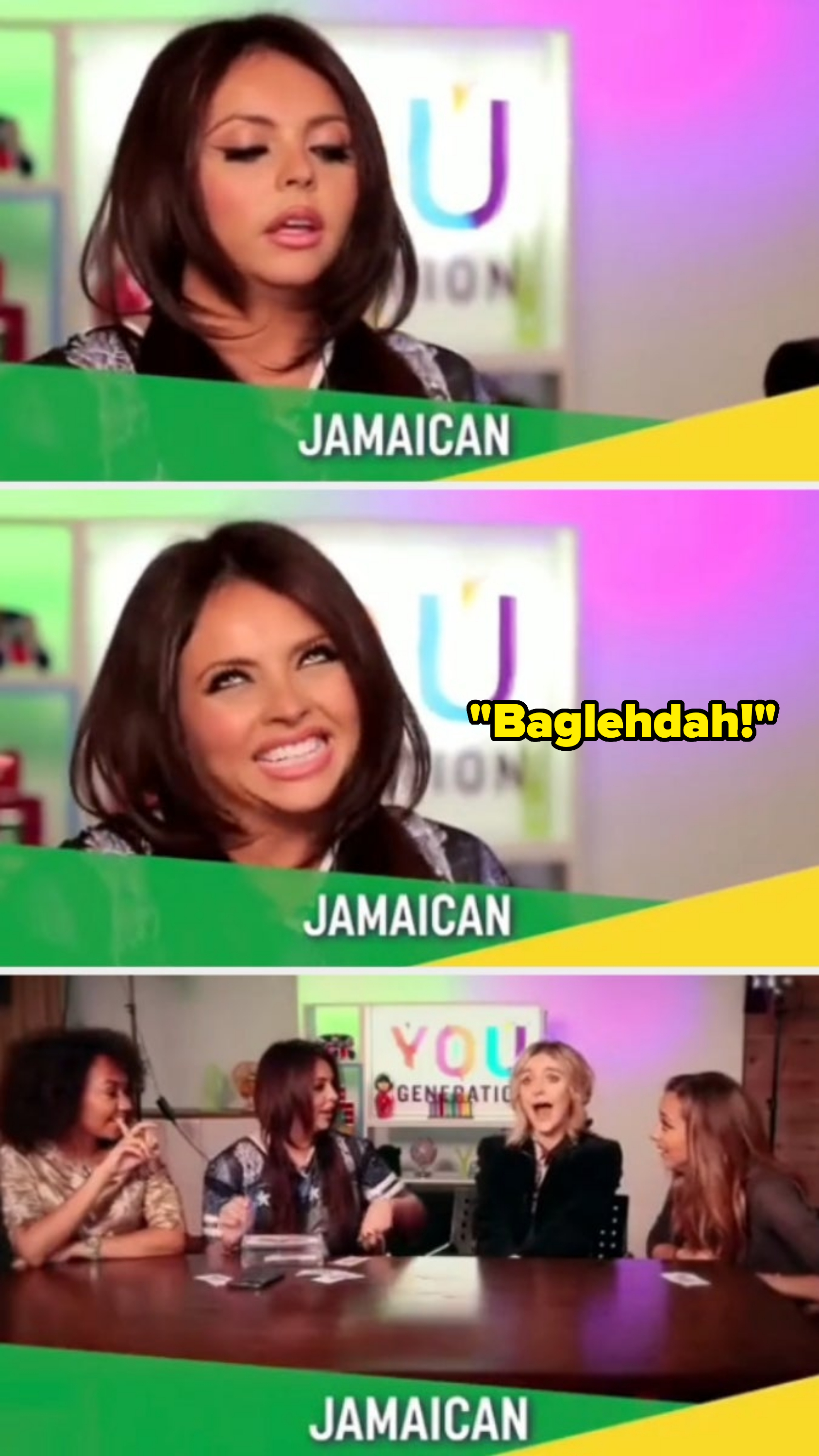 Jesy Nelson is shown in three frames during an interview for You Generation, with the label &quot;Jamaican&quot; appearing on each frame