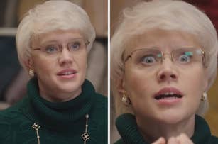 Kate McKinnon portrays an older woman with short gray hair and eyeglasses, wearing a turtleneck sweater and gold jewelry