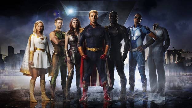 The image shows the characters from "The Boys": Queen Maeve, The Deep, Starlight, Homelander, Black Noir, A-Train, and Translucent in their superhero costumes