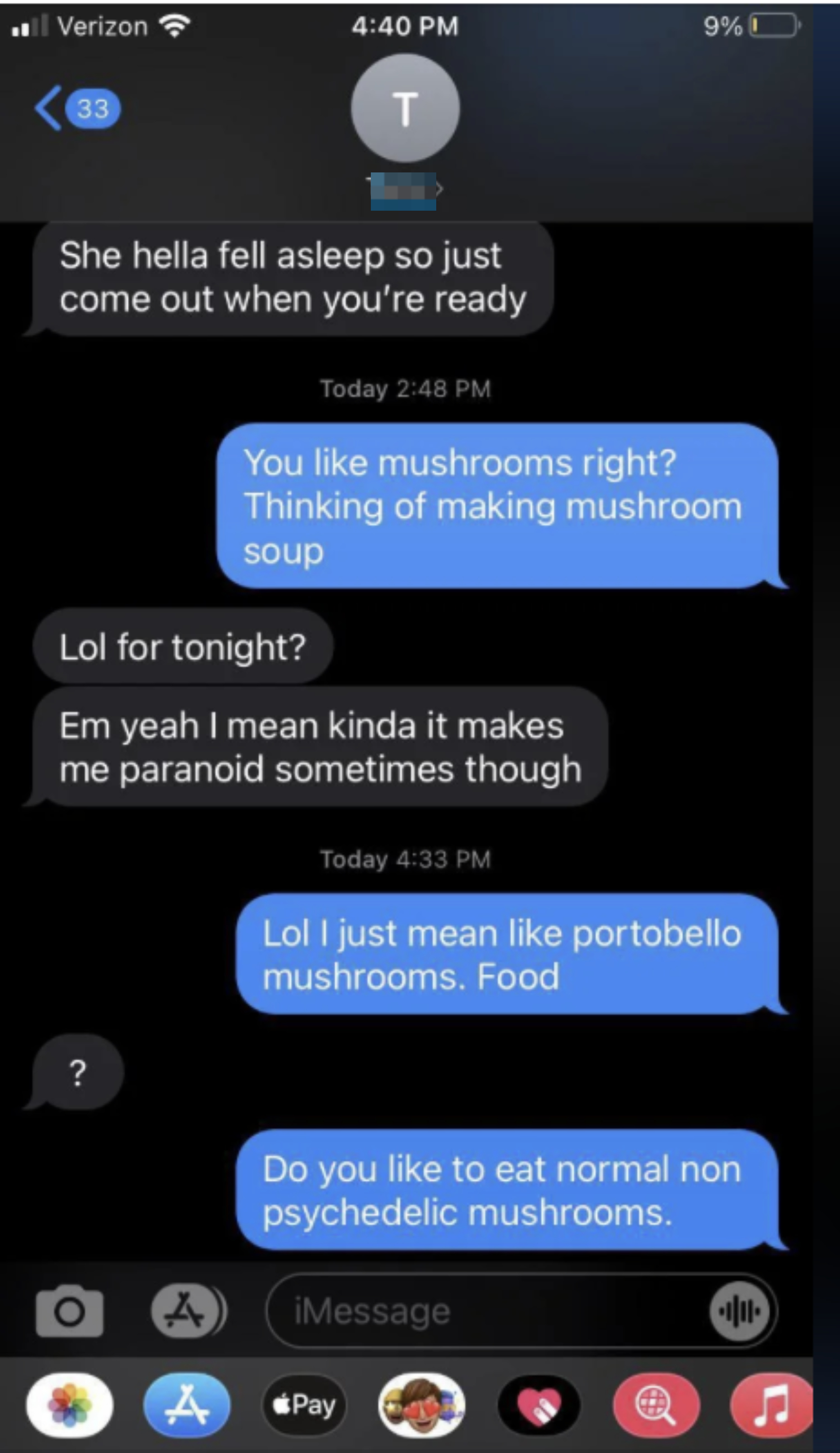 Text conversation about eating mushrooms, including the difference between normal and psychedelic varieties
