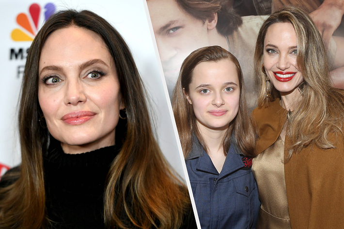 Angelina Jolie in a black turtleneck on a red carpet; Angelina Jolie and daughter Vivienne Jolie-Pitt at an event, both smiling, Jolie in beige, Vivienne in blue