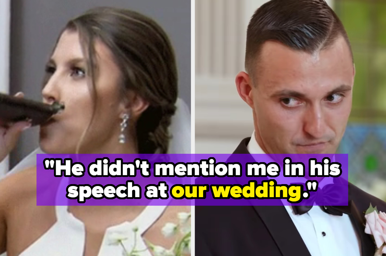 A woman in a wedding dress drinks from a bottle. A man in a tuxedo looks to the side. Text overlay: "He didn't mention me in his speech at our wedding."