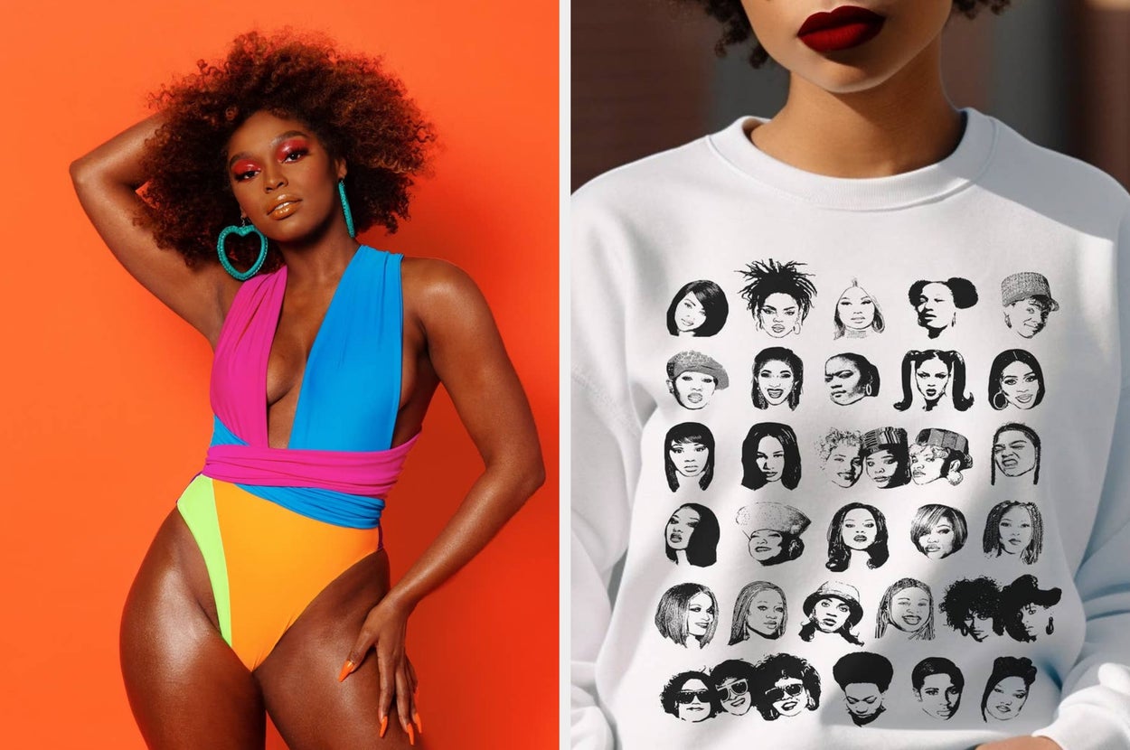 Left image: Woman wearing a colorful convertible swimsuit with large hoop earrings.  Right image: Woman wearing a sweatshirt with illustrated faces of various black female rappers