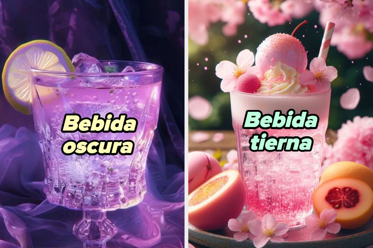 Dos bebidas en vasos. A la izquierda, bebida oscura con limón. A la derecha, bebida tierna con crema, fruta y flores decorativas. Texo: "Bebida oscura", "Bebida tierna"
