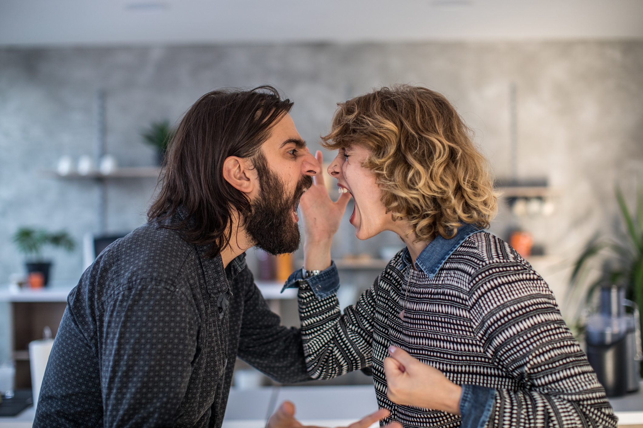 Two people, one with long hair and a beard, and the other with curly hair, are arguing intensely in a kitchen. Both have their mouths open, shouting at each other. Their expressions are very angry