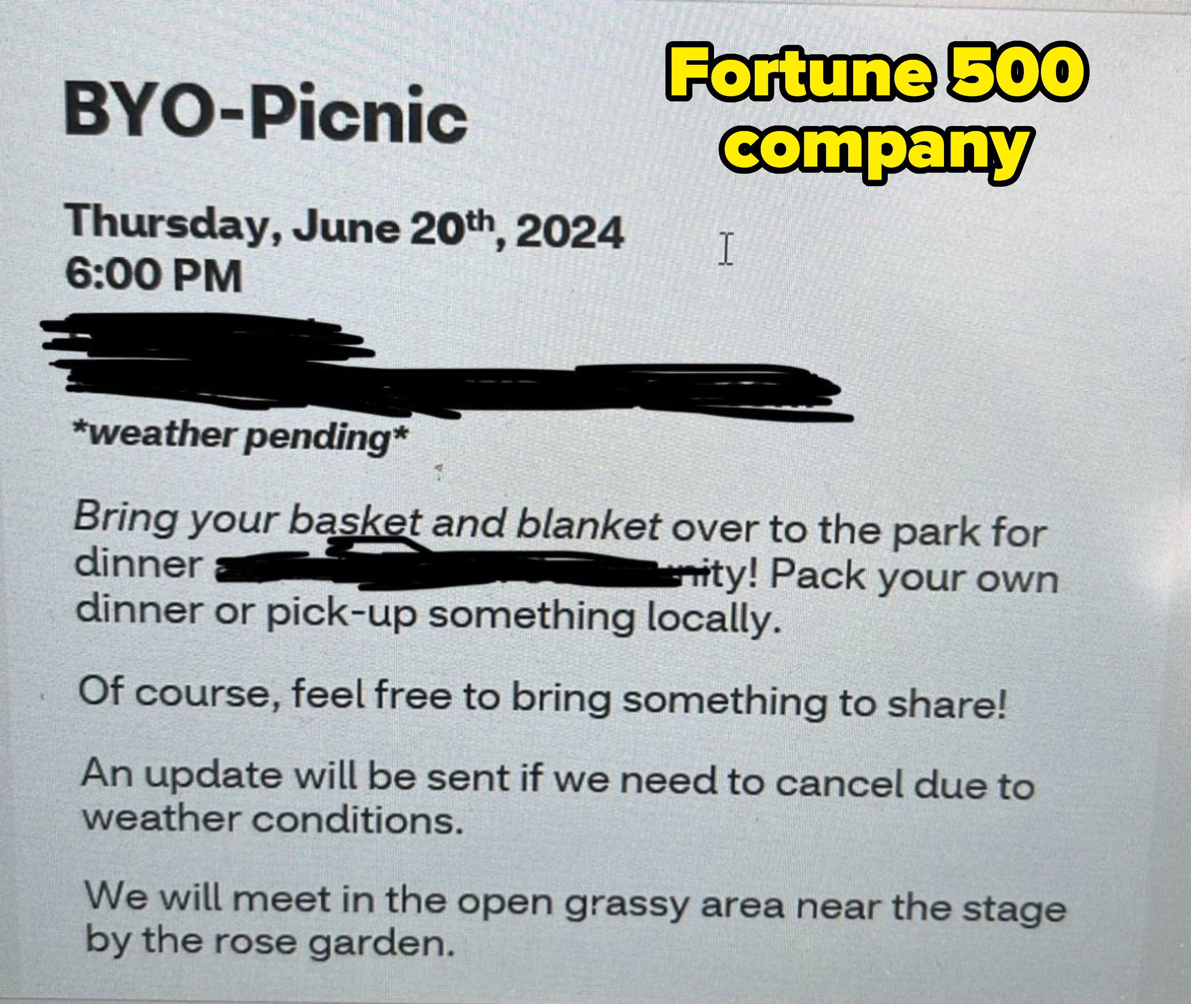 Flyer for BYO-Picnic on Thursday, June 20, 2024, at 6:00 PM. Bring your basket and blanket for dinner, and meet by the stage near the rose garden. Weather pending