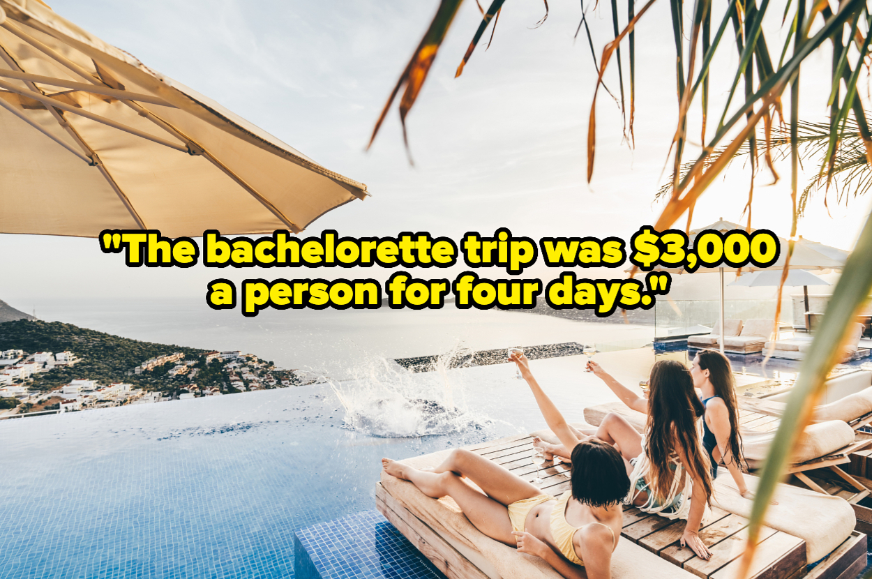 Three women relax by an infinity pool overlooking the sea, with the text, "The bachelorette trip was $3,000 a person for four days."