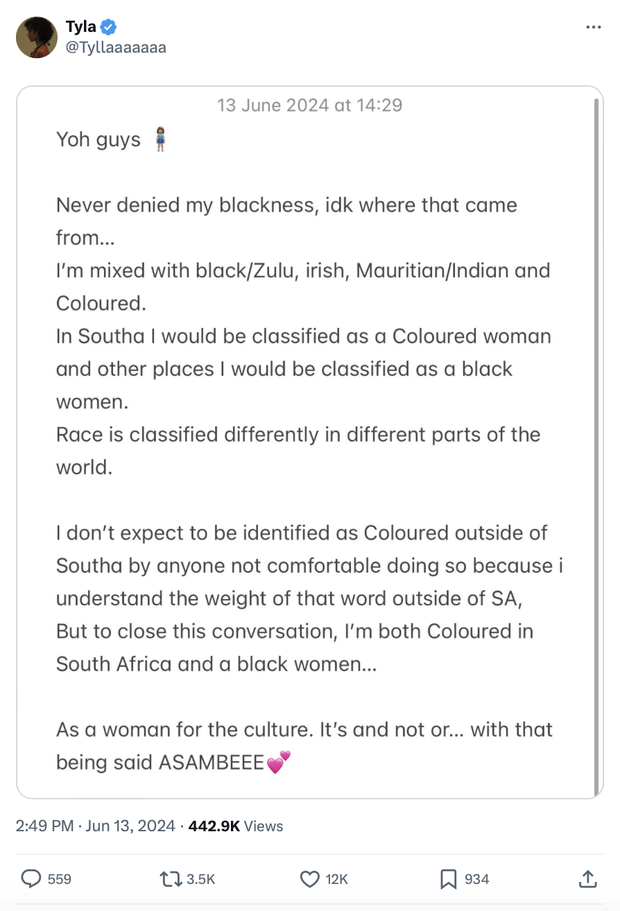 Tyla tweet from June 13, 2024, discussing her mixed heritage, classification as Coloured in South Africa but would be Black in other parts of the world, and cultural identity