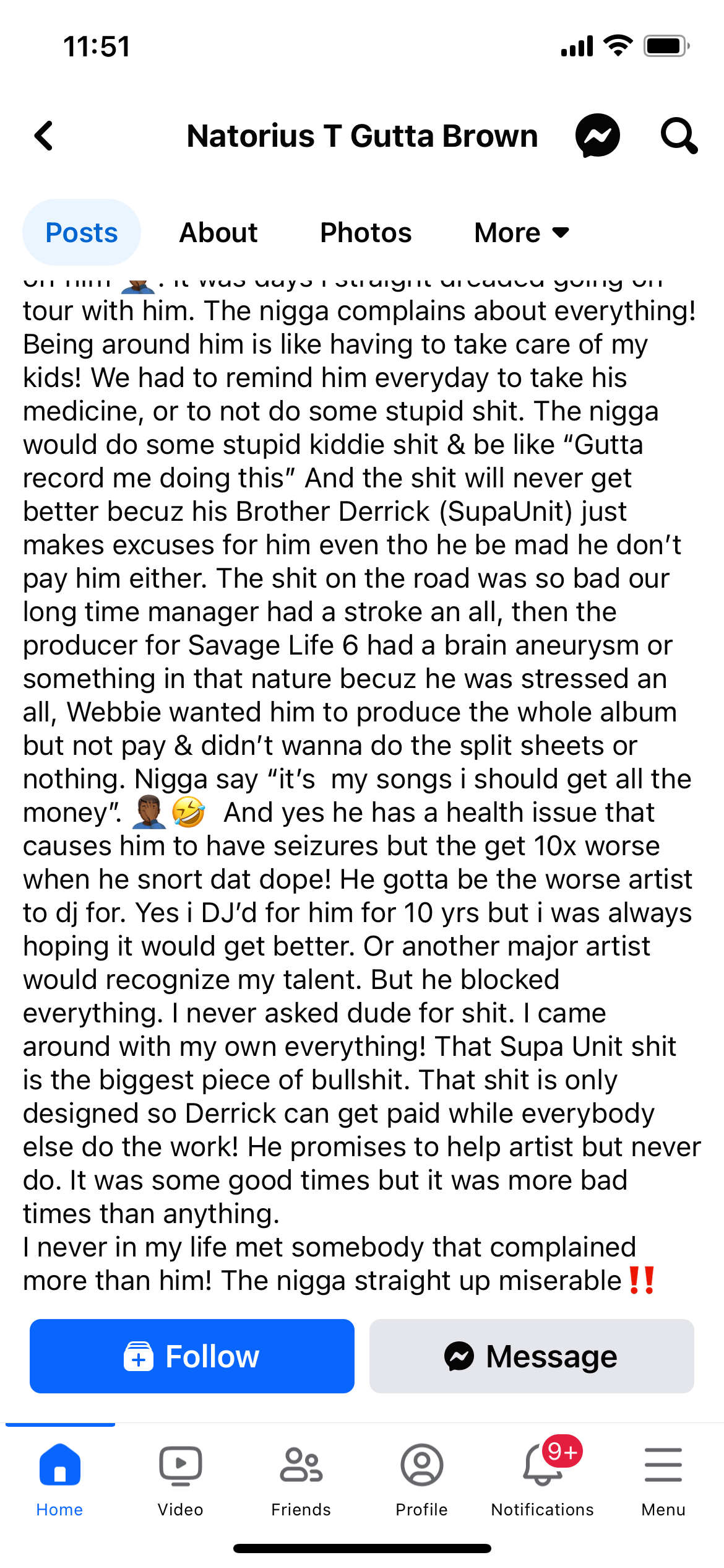 Facebook post by Natorius T Gutta Brown expressing frustration about a user&#x27;s behavior, detailing various grievances and their dissatisfaction with the situation