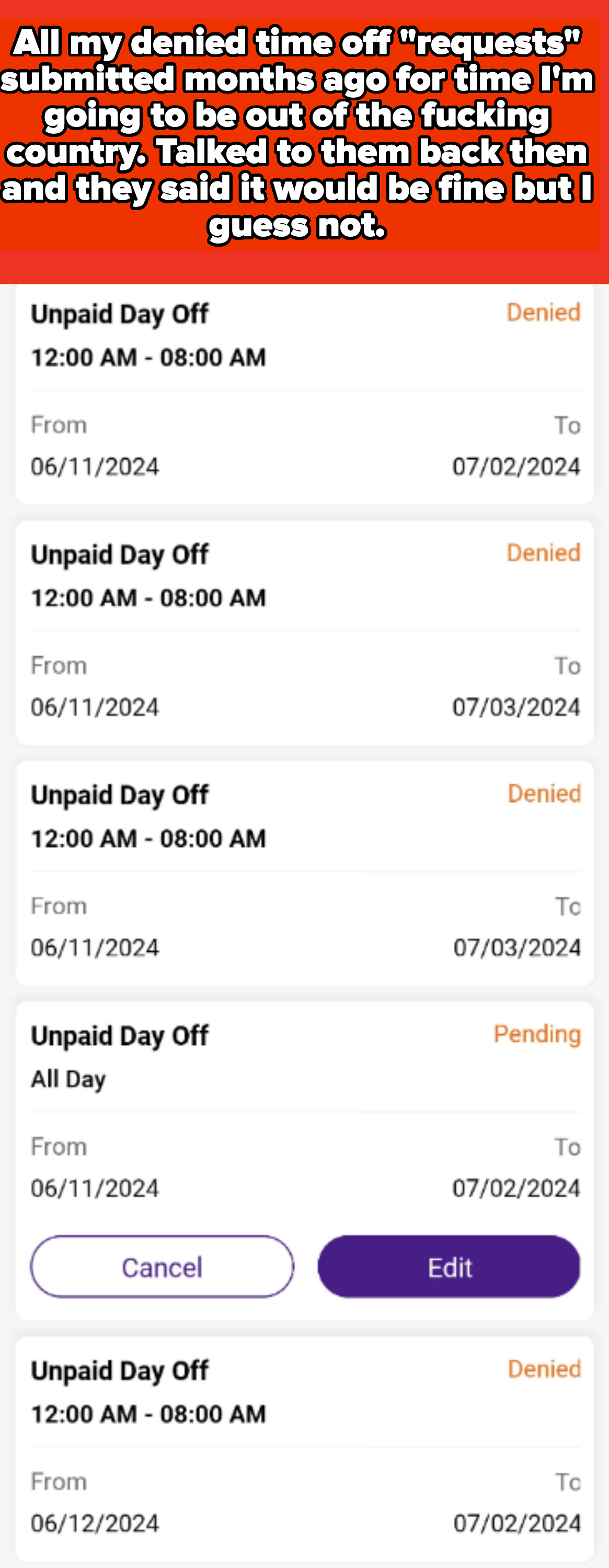 Screenshot of a series of unpaid day off requests spanning from June 11, 2024, to July 3, 2024. Most requests are denied. One is pending and one is canceled