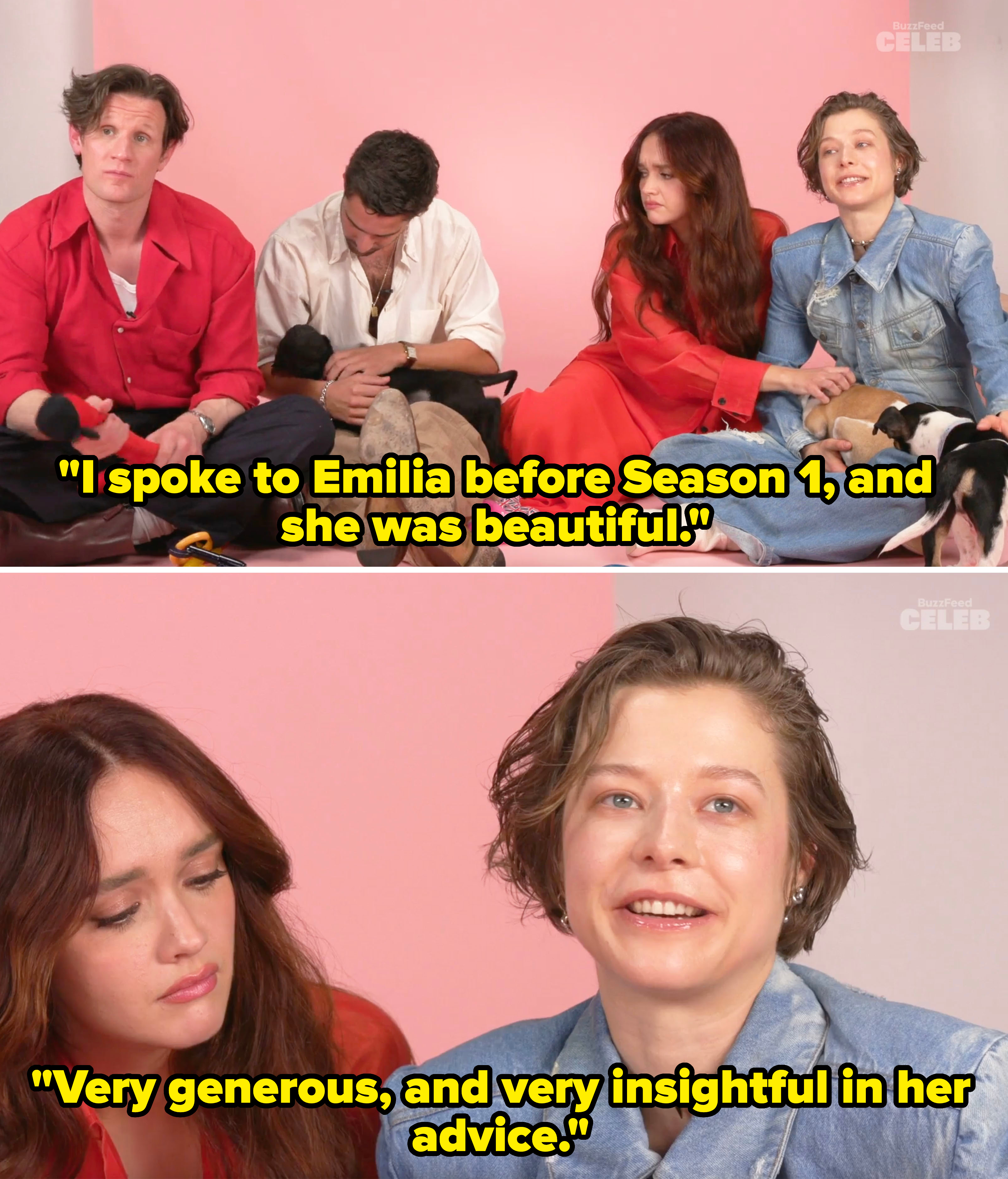From left to right: Matt Smith, an unidentified man, Olivia Cooke, and Emma D'Arcy sit together on the floor, interacting with puppies